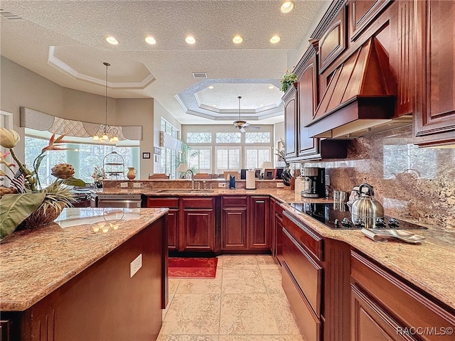 4339 N Canarywood Ter, Beverly Hills, FL 34465 - kitchen featuring premium range hood, sink, hanging light fixtures, a raised ceiling, and decorative backsplash