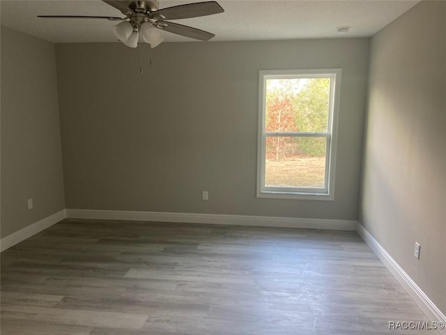 empty room with ceiling fan and light hardwood / wood-style flooring