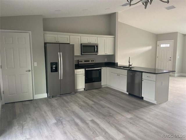 kitchen featuring sink, appliances with stainless steel finishes, white cabinetry, kitchen peninsula, and light wood-type flooring