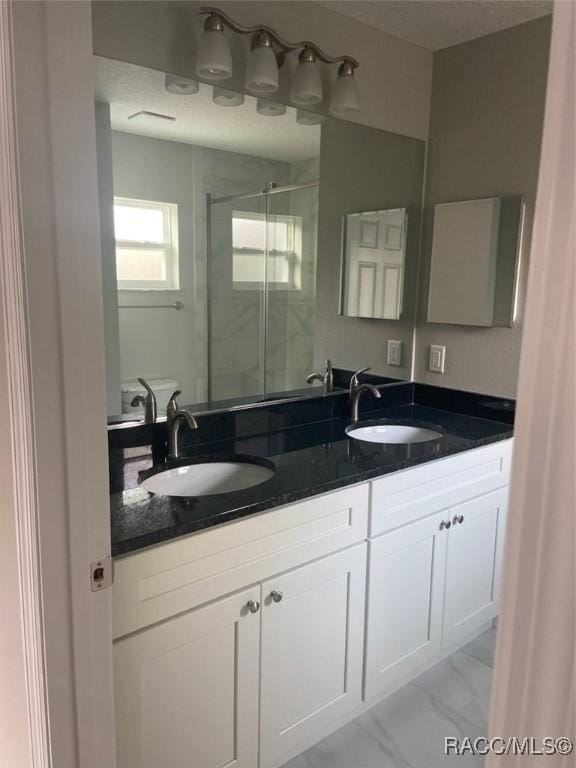 bathroom with vanity and a shower with shower door