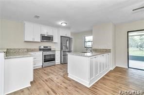 kitchen with kitchen peninsula, a wealth of natural light, white cabinets, and appliances with stainless steel finishes