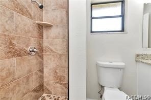 bathroom with a tile shower, vanity, and toilet