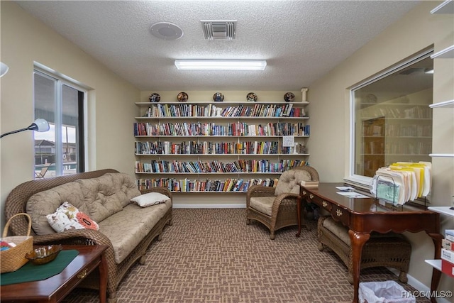 sitting room with carpet floors and a textured ceiling