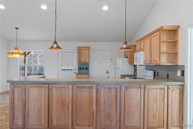 kitchen featuring decorative light fixtures, white appliances, light brown cabinetry, and vaulted ceiling