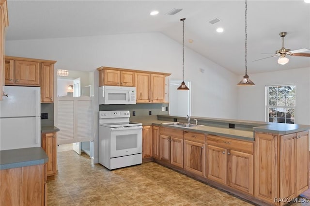 kitchen featuring white appliances, kitchen peninsula, ceiling fan, pendant lighting, and sink