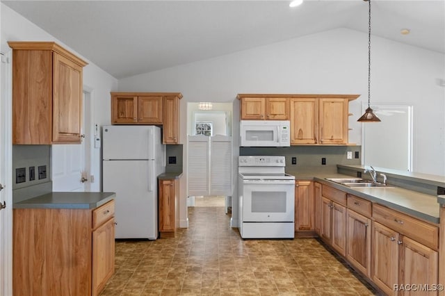 kitchen featuring sink, white appliances, lofted ceiling, and pendant lighting