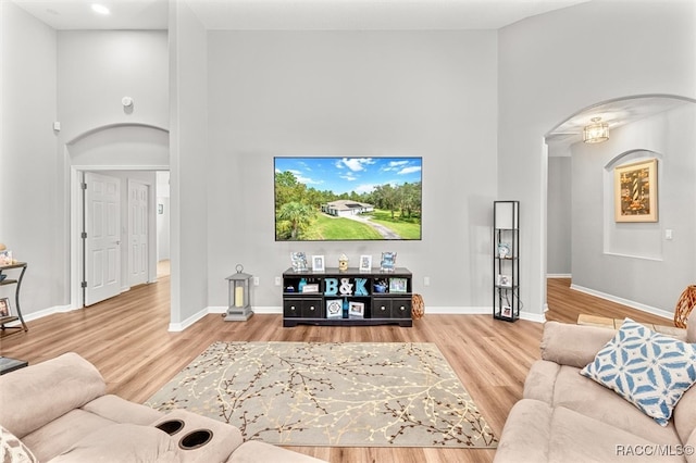 living room with wood-type flooring and a high ceiling