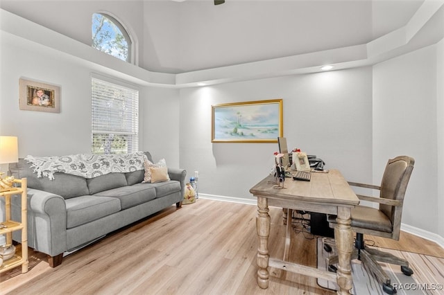 office area with plenty of natural light and light hardwood / wood-style floors