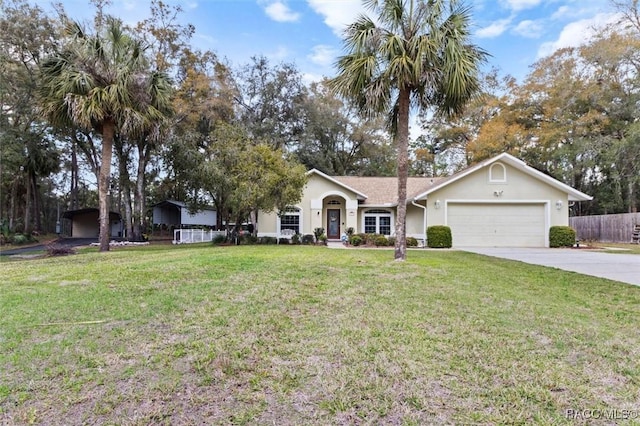 single story home featuring an attached garage, fence, concrete driveway, stucco siding, and a front yard