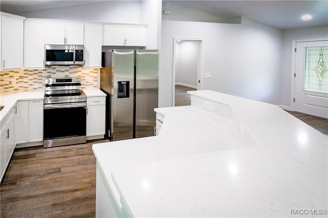 kitchen with white cabinets, dark hardwood / wood-style flooring, appliances with stainless steel finishes, and tasteful backsplash