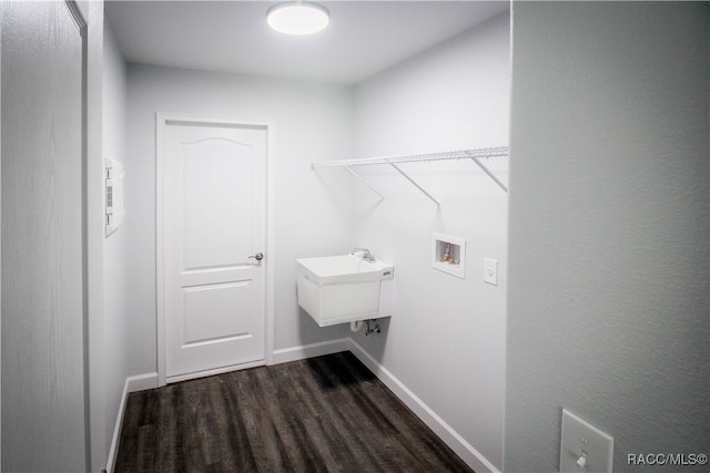 clothes washing area featuring washer hookup, dark hardwood / wood-style flooring, and sink