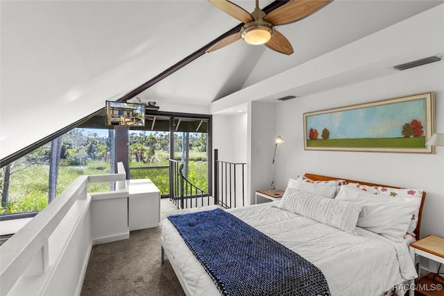 2647 N Seabreeze Pt, Crystal River, FL 34429 - bedroom with visible vents, carpet floors, lofted ceiling, and ceiling fan