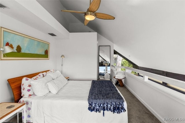 2647 N Seabreeze Pt, Crystal River, FL 34429 - carpeted bedroom featuring ceiling fan, lofted ceiling, and visible vents