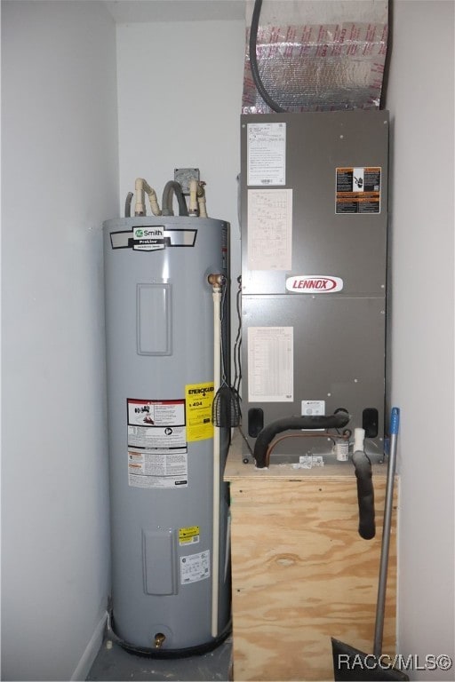 utility room featuring heating unit and water heater