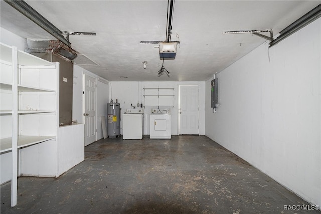 garage with electric panel, separate washer and dryer, a garage door opener, and water heater