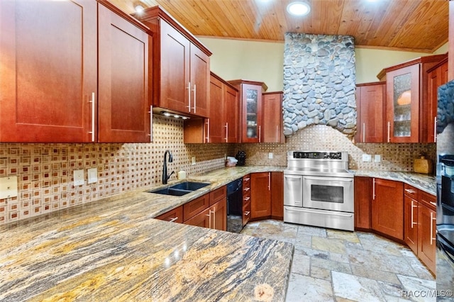 kitchen featuring sink, wooden ceiling, light stone counters, decorative backsplash, and stainless steel range with electric cooktop