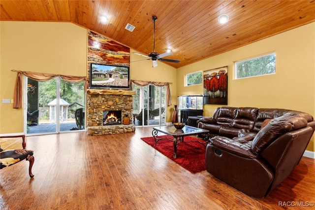 living room featuring high vaulted ceiling, hardwood / wood-style flooring, ceiling fan, a fireplace, and wood ceiling