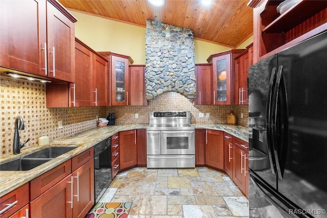 kitchen featuring sink, wood ceiling, lofted ceiling, and black appliances