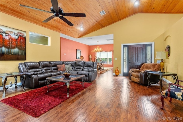 living room featuring ceiling fan with notable chandelier, wood-type flooring, wood ceiling, and high vaulted ceiling