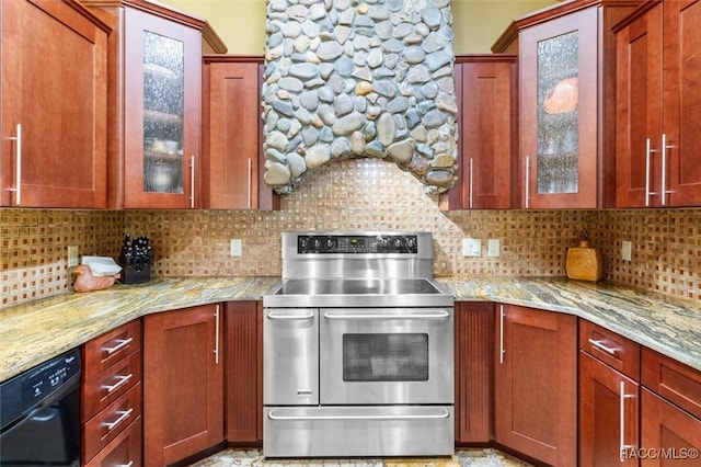 kitchen featuring decorative backsplash, light stone counters, dishwasher, and electric stove