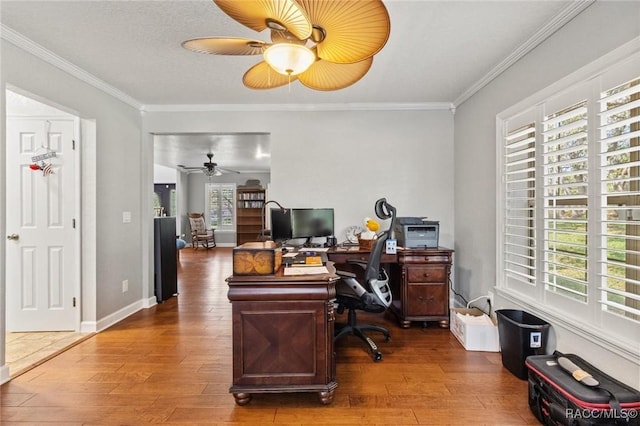 9885 E Lindale Ct, Inverness, FL 34450 - office area featuring a ceiling fan, hardwood / wood-style floors, ornamental molding, and baseboards