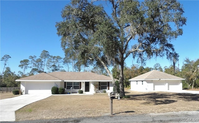 ranch-style house with a garage and a front yard