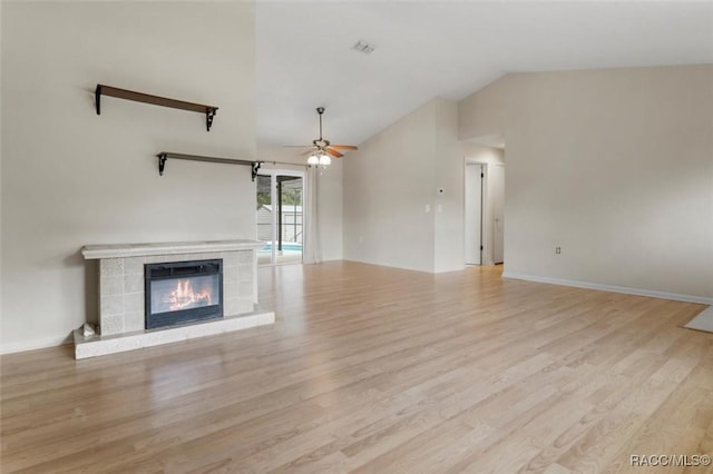 520 S Jefferson St, Beverly Hills, FL 34465 - unfurnished living room featuring a ceiling fan, vaulted ceiling, wood finished floors, and visible vents