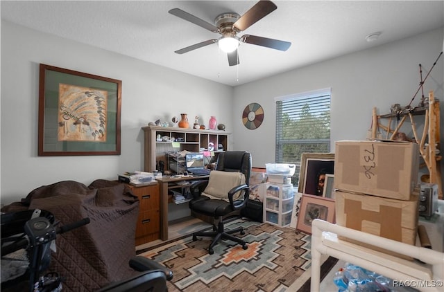 office area featuring hardwood / wood-style flooring and ceiling fan