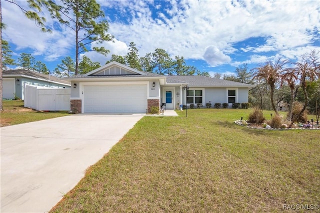 ranch-style home with a garage and a front yard