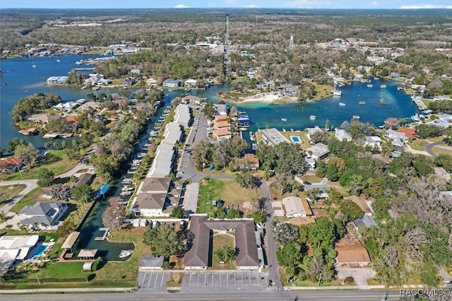 drone / aerial view with a water view and a residential view