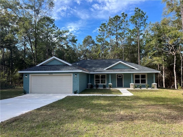 ranch-style house with a front yard, a porch, and a garage