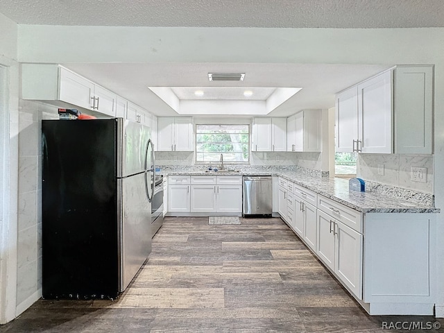 kitchen featuring white cabinetry, light stone counters, light hardwood / wood-style floors, a tray ceiling, and appliances with stainless steel finishes