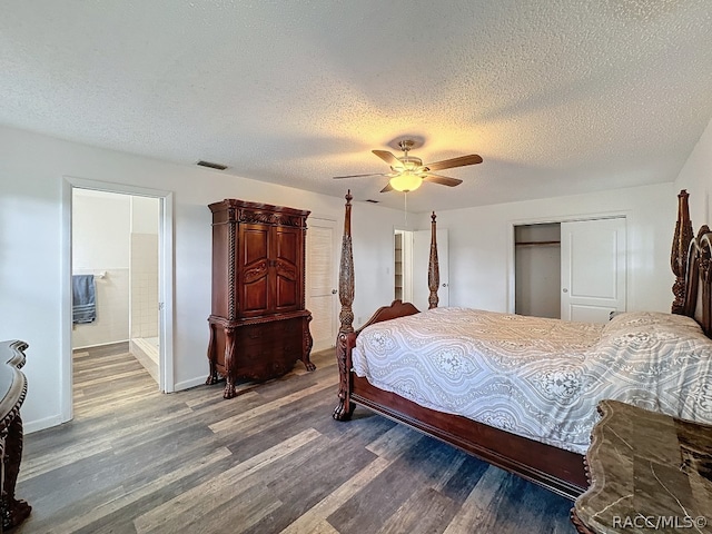 bedroom featuring connected bathroom, ceiling fan, a textured ceiling, a closet, and hardwood / wood-style flooring