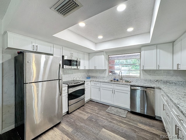 kitchen with white cabinetry, sink, stainless steel appliances, a raised ceiling, and dark hardwood / wood-style flooring