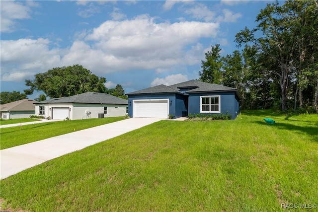 9276 N Alpinia Dr, Citrus Springs, FL 34434 - view of front of property with stucco siding, a front yard, an attached garage, and concrete driveway