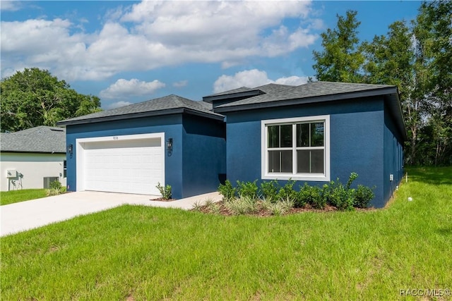 9276 N Alpinia Dr, Citrus Springs, FL 34434 - view of front of home featuring an attached garage, a front lawn, driveway, stucco siding, and roof with shingles