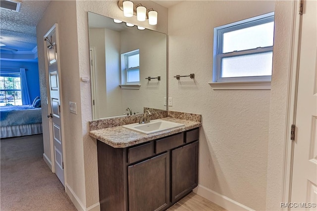 bathroom featuring vanity, crown molding, and a textured ceiling