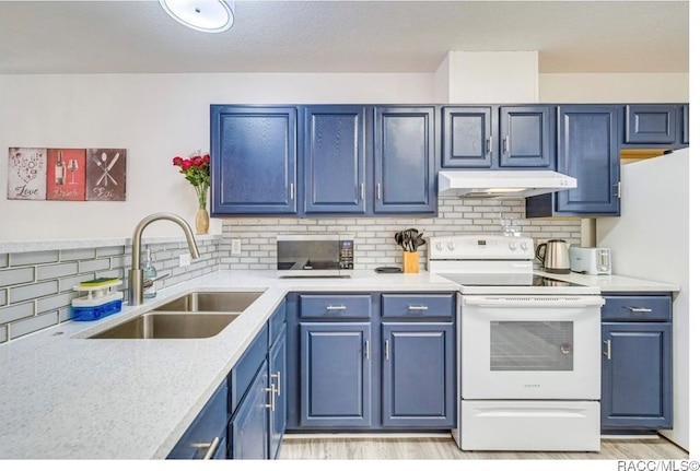 kitchen featuring white electric stove, blue cabinets, and sink