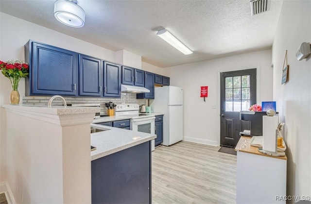 kitchen with kitchen peninsula, tasteful backsplash, white appliances, blue cabinetry, and light hardwood / wood-style flooring