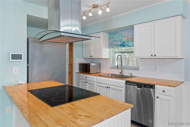 kitchen featuring wooden counters, stainless steel appliances, white cabinetry, and island exhaust hood