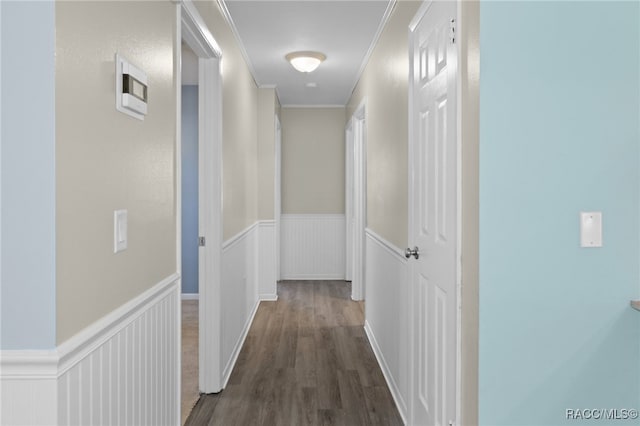 hallway featuring dark hardwood / wood-style flooring and crown molding