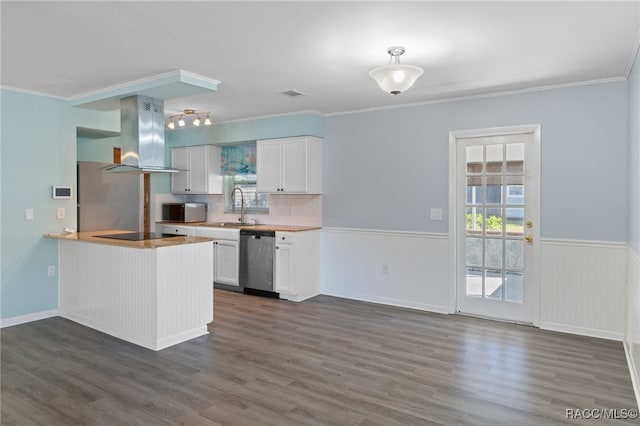 kitchen featuring dishwasher, island range hood, white cabinetry, and dark hardwood / wood-style floors