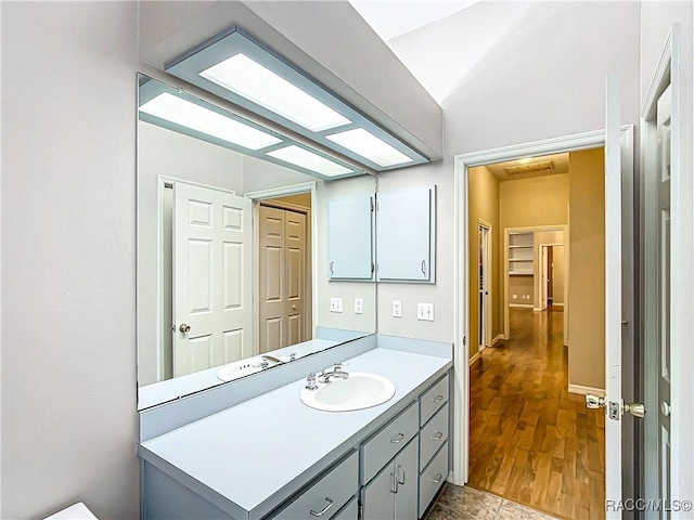 bathroom featuring hardwood / wood-style flooring and vanity