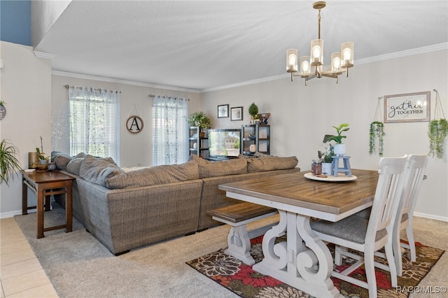 dining space with light tile patterned floors, crown molding, and a notable chandelier