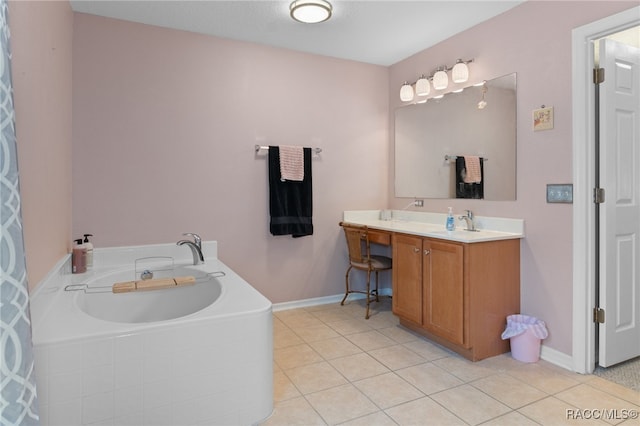 bathroom with tile patterned flooring, a relaxing tiled tub, and vanity