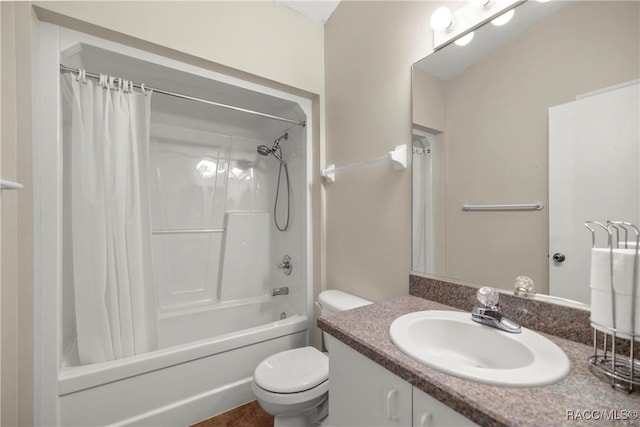 full bath with toilet, shower / bath combo, and vanity