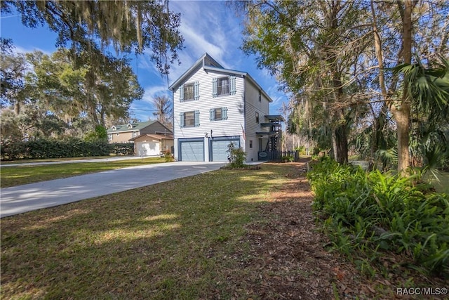 view of home's exterior with a garage and a lawn