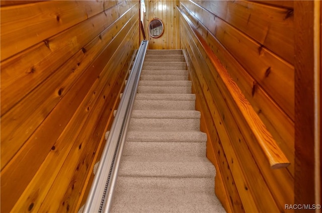 stairs featuring wood walls