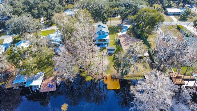 drone / aerial view featuring a water view