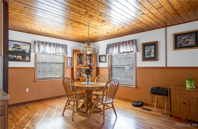 dining room featuring wooden walls, wood ceiling, and light wood-type flooring